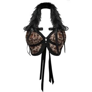 MakeMeChic Women Plus‎ Cheetah Halter Top Faux Fur Tie Back Y2K Black Large Plus